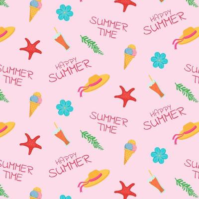Summer pattern. Cute ice cream, juice, starfish, beach hat. Vector illustration.