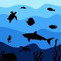 Silhouettes of marine animals in the sea. Marine background. Vector illustration.