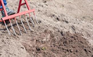 A farmer in jeans digs the ground with a red fork-shaped shovel. A miracle shovel, a handy tool. Manual cultivator. The cultivator is an efficient hand tool for tillage. Loosening the bed. photo