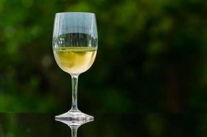 A glass of white wine put on table with dark green background. photo