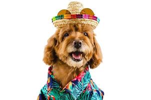 un adorable perro caniche de juguete marrón con sombrero con gafas de sol en la parte superior y un vestido hawaiano foto
