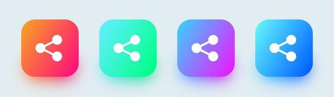 comparta iconos sólidos establecidos en colores degradados cuadrados. conectar, compartir datos, símbolo de enlace, compartir red, compartir conjunto de botones de iconos. vector