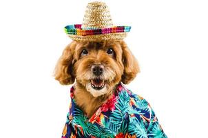 An adorable brown toy Poodle dog wearing hat on top and Hawaii dress photo