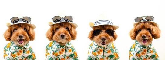 caras de expresión de un adorable perro caniche de juguete marrón lleva sombrero con gafas de sol y vestido hawaiano para la temporada de verano sobre fondo blanco. foto