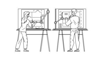 Architect Man And Woman Drawing On Board Vector