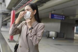 A portrait of  Businesswoman is wearing face mask work in modern City , people lifestyle , working under Covid-19 pandemic concept photo