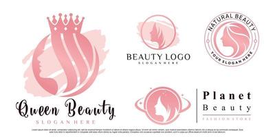 conjunto de diseño de logotipo de reina de belleza con ilustración de cara de mujer para vector premium de salón