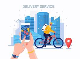 Free fast delivery service by bicycle. Courier delivers food order. Hand hold phone with mobile app. Online package tracking. Man travels with a parcel around the city vector