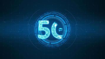 Motion graphic of Blue 5G logo with rotation HUD circle technology interface and futuristic elements abstract background video