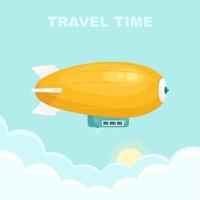 Dirigible flying in blue sky with clouds. Vintage airship, zeppelin. Travel by blimp. Vector design