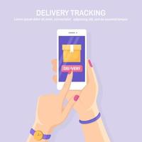 Order tracking. Mobile phone with delivery service app in hands Shipping of box cargo transportation. Vector design