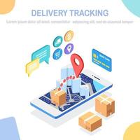 Order tracking. Isometric 3d mobile phone with delivery service app. Shipping of box, package, cargo transportation. Vector design