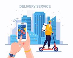Fast delivery service by kick scooter. Courier delivers food order. Hand hold phone with mobile app. Online package tracking. Man travels with a parcel around the city. Vector design