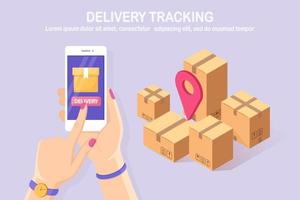 Order tracking. Isometric 3d mobile phone with delivery service app. Shipping of box, package, cargo transportation. Vector cartoon design