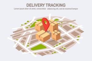 Order tracking. Isometric 3d parcel with pin, pointer on map. Shipping of box, cargo transportation. Vector design