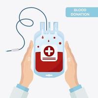 Blood bag with red drop in hand. Donation, transfusion concept. Save patient life. Vector design