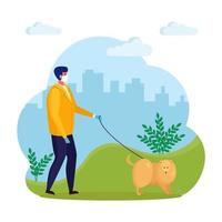 Man is walking with dog. Happy guy in medical mask play with pet. Puppy on a leash isolated on background. Quarantine rules vector