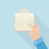 Man hand holds open envelope with letter. Correspondence concept. Email and incoming messages. Vector design