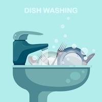 Kitchen sink with Dirty kitchenware, utensil, dishes, Messy house. Manual dishwashing or home cleaning. Vector design