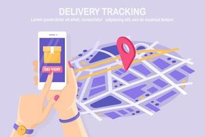 Order tracking. Isometric mobile phone with delivery service app. Shipping of box, package. Vector design