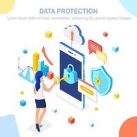 Data protection. Internet security, privacy access with password. Isometric woman, phone with lock. Vector design