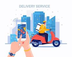 Free fast delivery service by scooter. Courier delivers food order. Hand hold phone with mobile app. Online package tracking. Man travels with a parcel around the city. Express shipping. Vector design