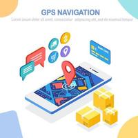 Order tracking. Isometric phone with delivery service app. Shipping of box, cargo transportation. Vector design