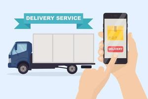 Free fast delivery service by truck, van. Courier delivers food order by auto. Hand hold phone with mobile app. Online package tracking. Man travels with a parcel on road. Vector design