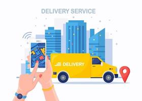 Fast delivery service by truck, van. Courier delivers food order. Hand hold phone with mobile app. Online package tracking. Auto travels with a parcel around the city. Express shipping. Vector design
