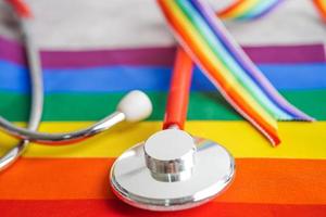 LGBT symbol, Stethoscope with rainbow ribbon, rights and gender equality, LGBT Pride Month in June. photo