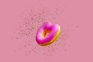 Heart shaped pink donuts with topping on colorful background ,doughnut 3d rendering photo