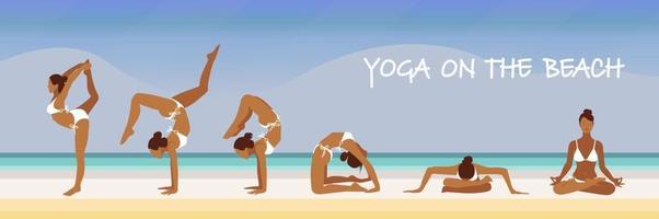 Yoga at seashore, on the beach. Active woman do fitness at beach. vector