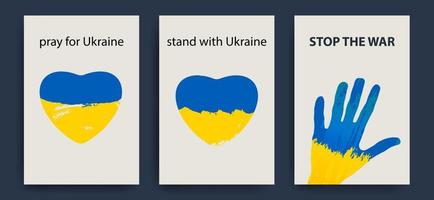 Set of vector icons against war in Ukraine. Heart in the colors of the flag of Ukraine, children s hand. Stop the war. Vector illustration.