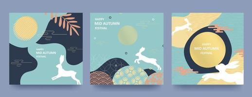 Trendy Mid Autumn Festival design Set of backgrounds, greeting cards, posters, holiday covers with moon, mooncake and cute rabbits. Chinese translation - Mid Autumn Festival. Vector illustration