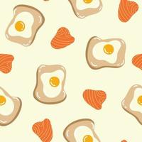 Breakfast pattern fried eggs, bread, salmon, baked background. vector