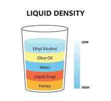 concepto de experimento científico de densidad líquida. capas fluidas separadas. experimento de laboratorio con densidad de aceite, agua, miel, jabón y alcohol. diferentes tipos de líquido en vidrio. ilustración vectorial vector