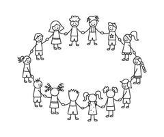 Happy doodle stick children holding hands. Hand drawn funny kids in circle. International friendship concept. Doodle children community. Vector linear illustration isolated on white background