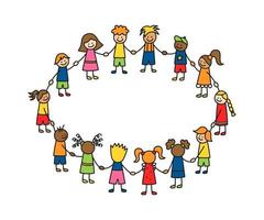 Happy doodle stick children holding hands. Hand drawn funny kids in circle. International friendship concept. Doodle children community. Vector linear illustration isolated on white background