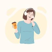 mujer feliz con auriculares, ilustración de vector de caracteres