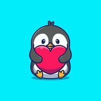 pingüino lindo con ilustración de icono de dibujos animados de corazón grande vector