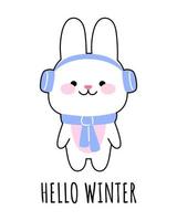 un lindo feliz con auriculares cálidos y una bufanda. el concepto de hola invierno. ilustración vectorial kawaii para impresiones, postales, pancartas, plantillas. vector