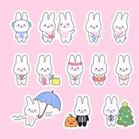Set of 12 stickers cute kawaii rabbits. Funny bunny character in varios poses. Concept holidays and season. Vector cartoon illustration for print.