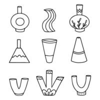 Boho ceramic vases in trendy minimal style. Outline handmade vases collection. Set vase pottery, ancient pot and jug. Vector linear illustration, icons for logo, pattern, poster, print.