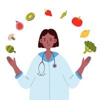 Nutritionist concept. Nutrition therapy with healthy food. Weight loss program and diet plan. Vector illustration in cartoon flat style.