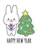 Happy new year. Kawaii rabbit with gift and christmas tree. Bunny is a symbol of the year 2023 according to the Chinese calendar. Vector cartoon illustration for print, poster, banner, card.