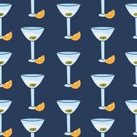 Seamless pattern martini glass with olives and orange slice. Vector cartoon illustration for print, textile.