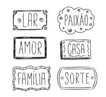 tableros con palabras en portugués brasileño. traducción - hogar, amor, familia, pasión, hogar, suerte vector