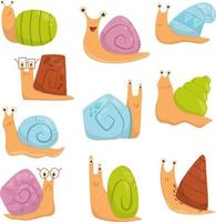 Set with funny snails with colored shells and different shapes vector