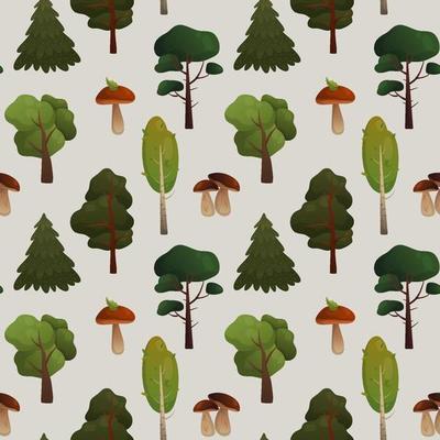 Vector pattern with trees and mushrooms