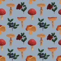 Vector pattern with mushrooms and berries on a blue background